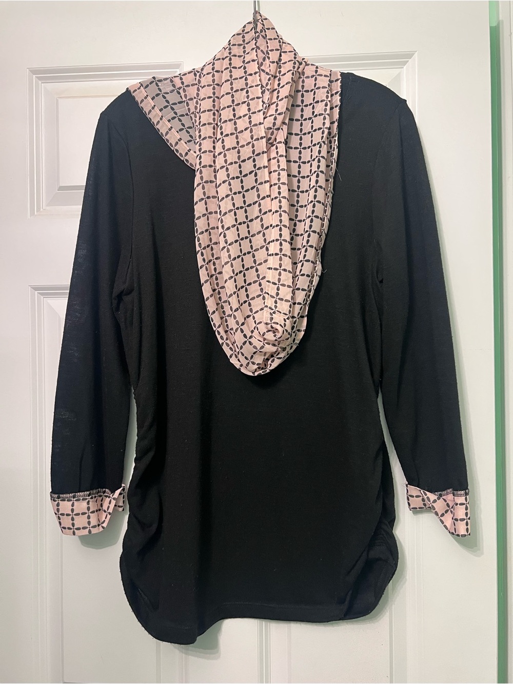 Elle Black Long Sleeve Knit Top with Pink Patterned Cowl